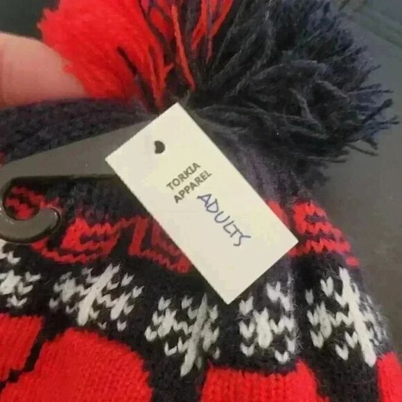 Torkia Men's Navy/Red Acrylic Knit New York Chullo Beanie w Pom-Pom NEW - Picture 6 of 6